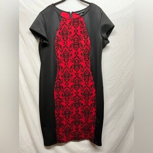 Red‎ and Black Contrast Sheath Cap Sleeves Damask-style Dress Sz 18 / 20